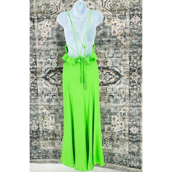 Farm Rio Ruffle Midi Dress Size M Satin Strappy Back Lime Green Plunge New Tags - Picture 7 of 16